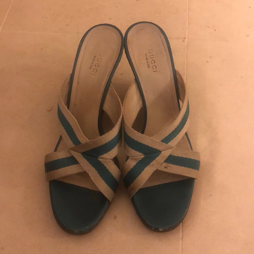 Gucci teal and cream wedges, size 8.5